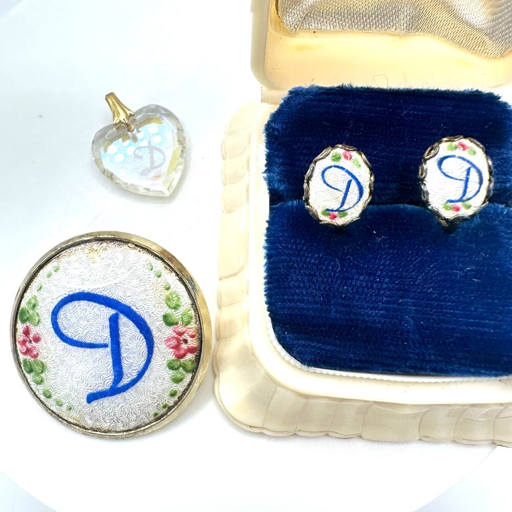 Bundle lot 3 vintage D initial guilloche enamel brooch earrings crystal pendant